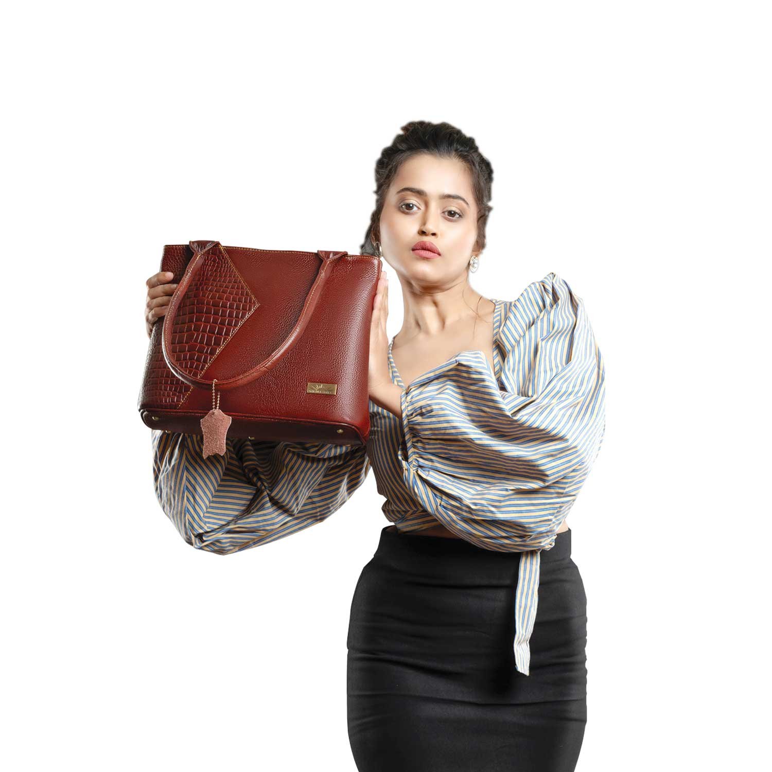 Women’s Genuine Leather Shoulder Bag – Textured Crocodile Accent Tote Handbag with Multi-Compartment Interior & Metal Base Studs LSD115-2051