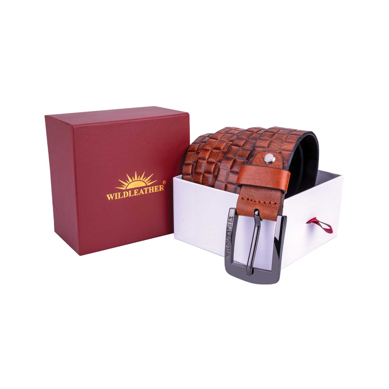 Men’s Checkered Textured Leather Belt – Tan Brown Casual & Formal Boxed Belt Set (GBT222-08V)