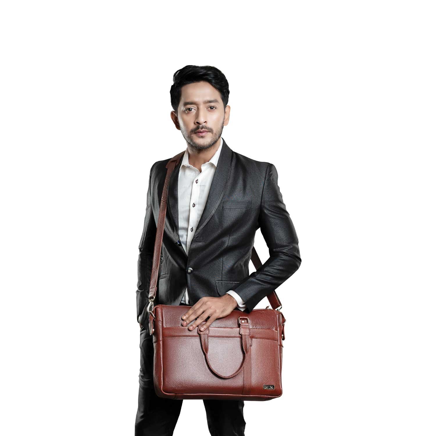 Men’s Genuine Leather Office Laptop Bag – 16 Inch Executive Briefcase Messenger Bag with Front Zipper & Antique Brass Hardware (OFL115-843)