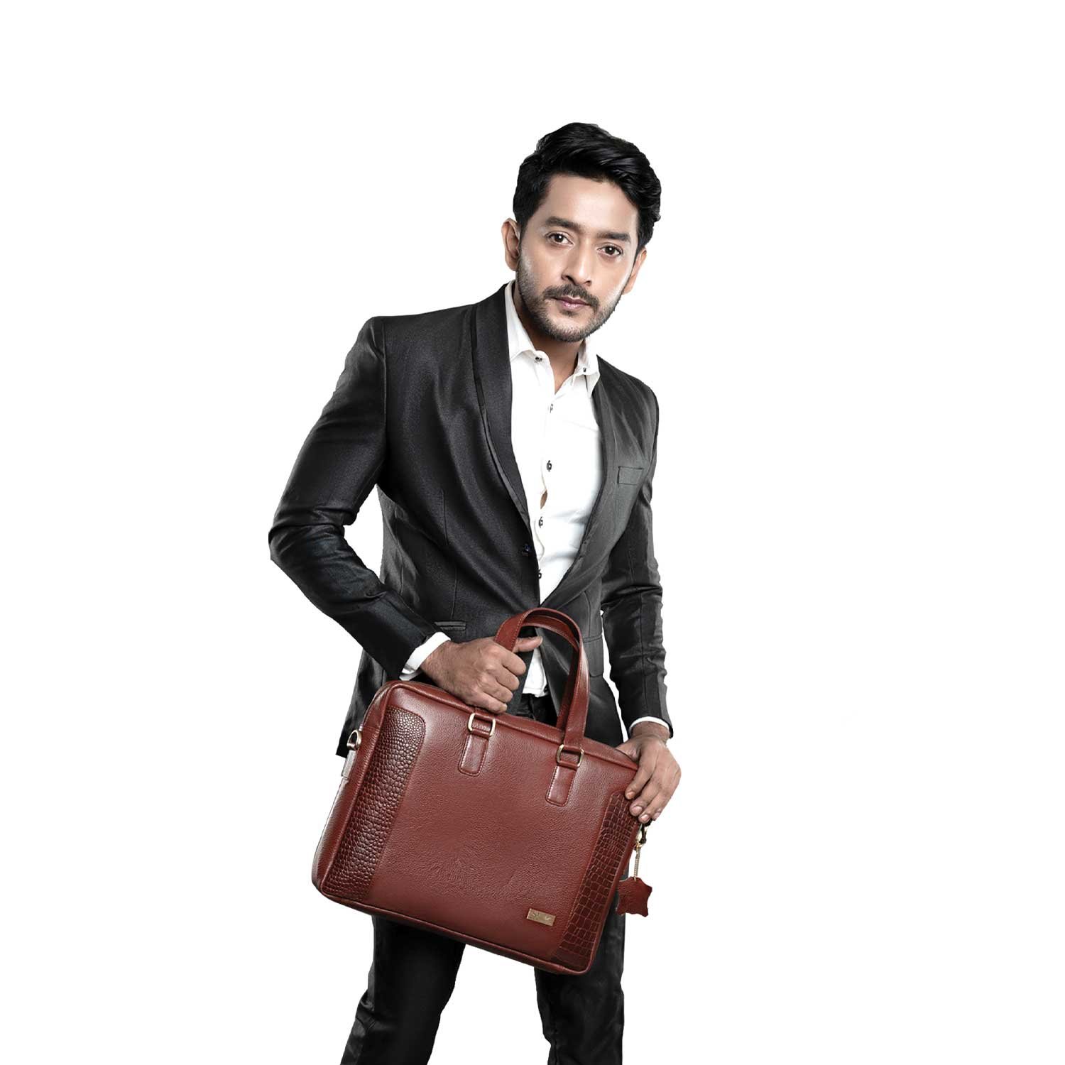 Men’s Genuine Leather Office Laptop Bag,15.6 Inch Briefcase Messenger Bag with Croc-Embossed Side Panels & Removable Shoulder Strap (OFL115-830)