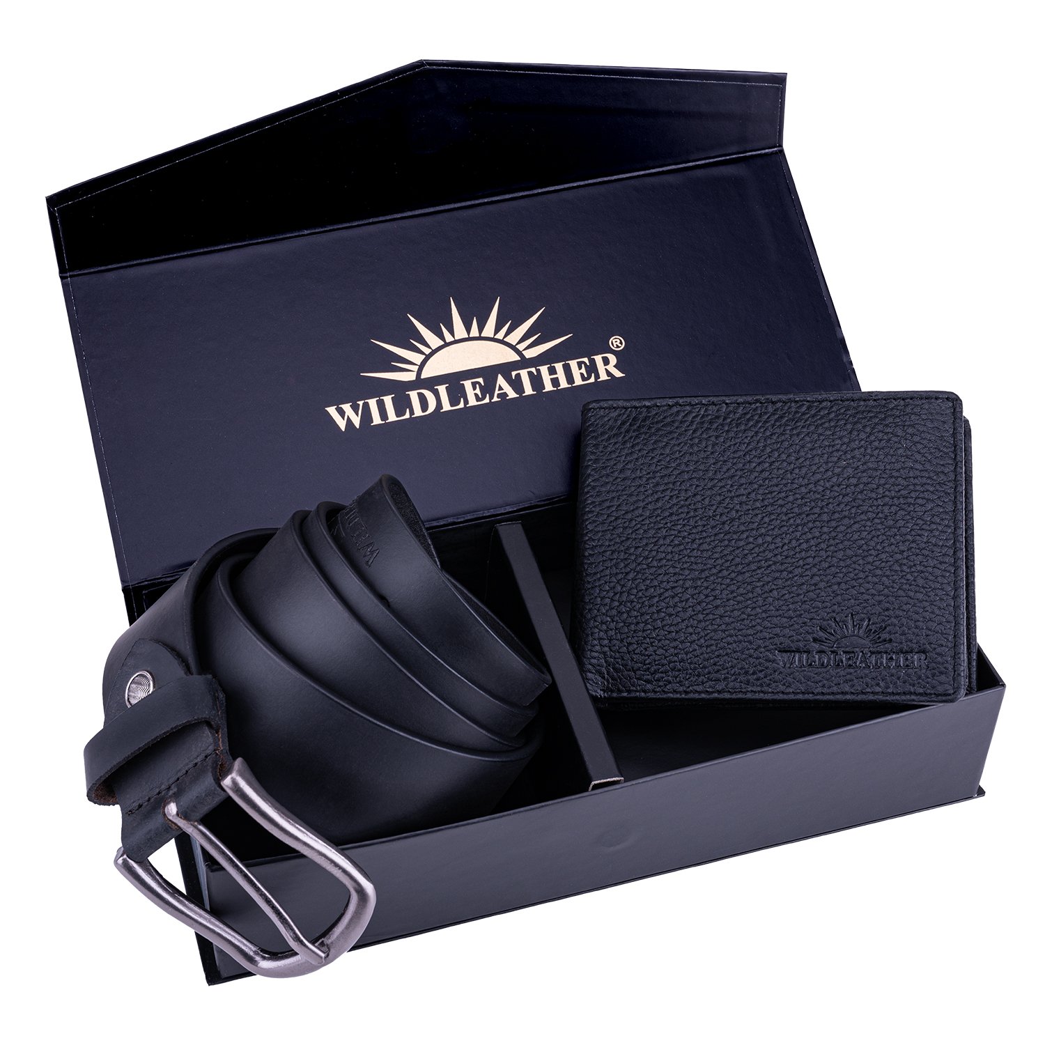 Wildleather Men’s Leather Accessory Gift Box – Dark Brown Pin-Buckle Belt & Burgundy Bifold Wallet Set (CMB110-103)