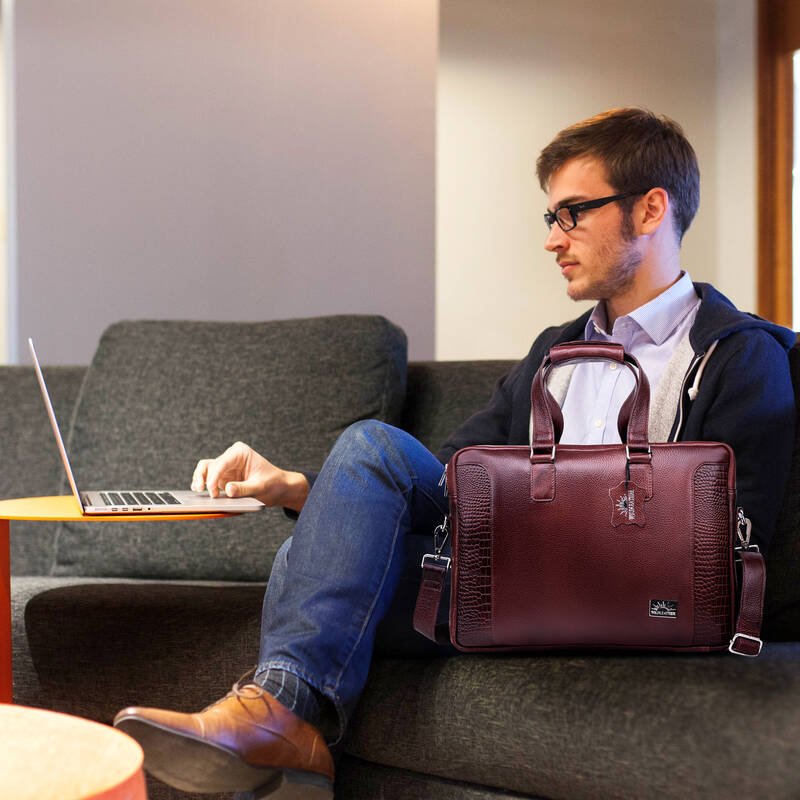 Men’s Genuine Leather Office Laptop Bag,15.6 Inch Briefcase Messenger Bag with Croc-Embossed Side Panels & Removable Shoulder Strap (OFL115-830) - Image 8