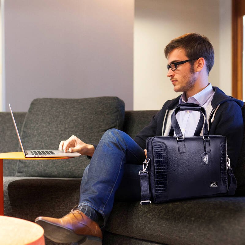 Men’s Genuine Leather Office Laptop Bag,15.6 Inch Briefcase Messenger Bag with Croc-Embossed Side Panels & Removable Shoulder Strap (OFL115-830) - Image 7