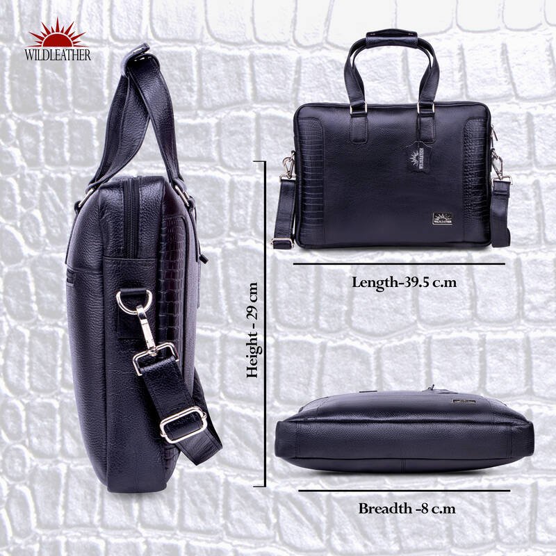 Men’s Genuine Leather Office Laptop Bag,15.6 Inch Briefcase Messenger Bag with Croc-Embossed Side Panels & Removable Shoulder Strap (OFL115-830) - Image 6